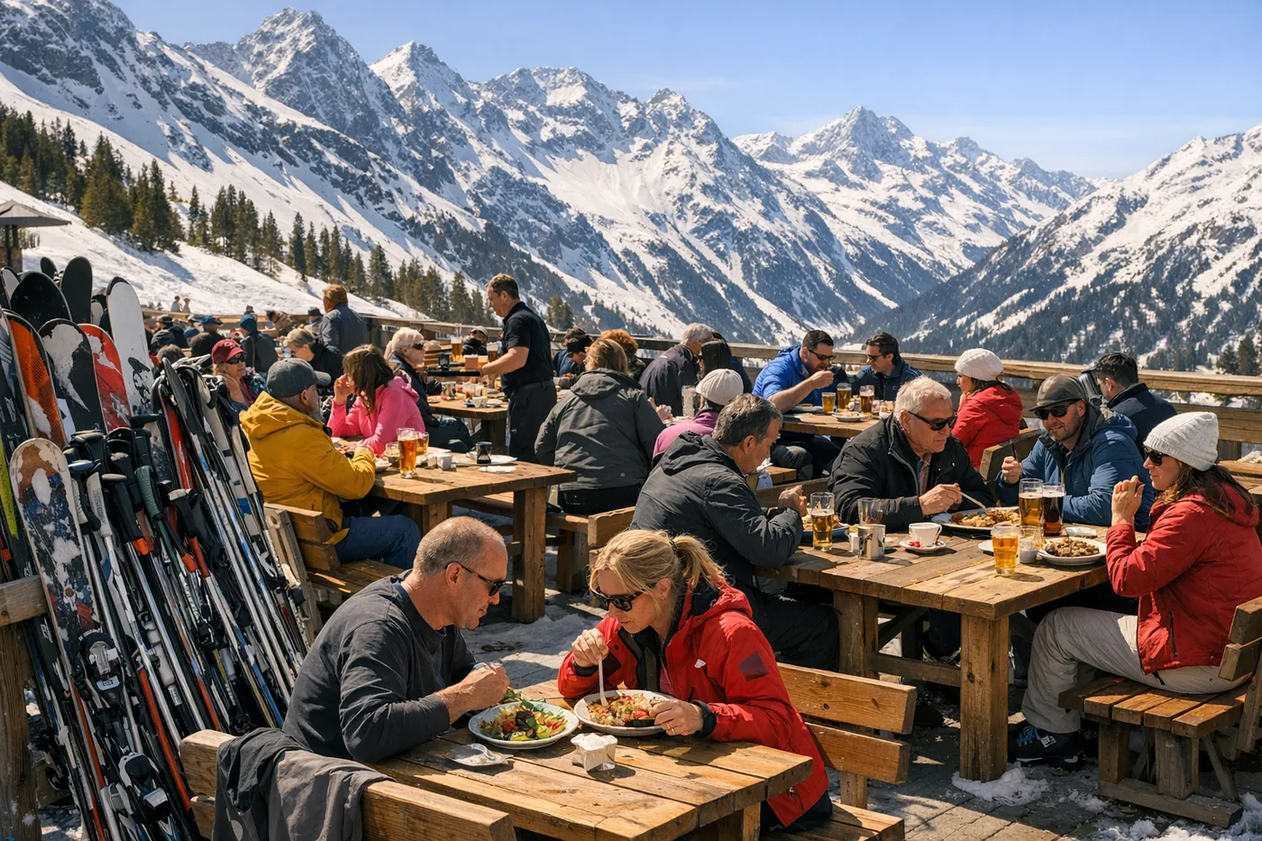 Solrik terrasse utenfor en fjellrestaurant i Alpene