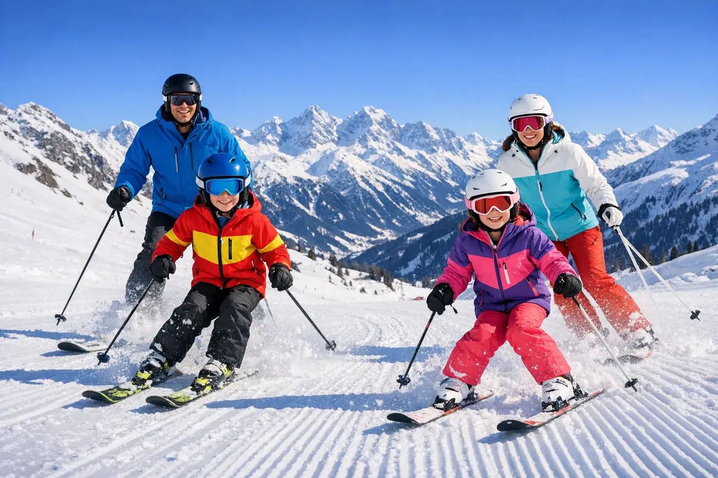 Familie som går på ski sammen i en bred løype