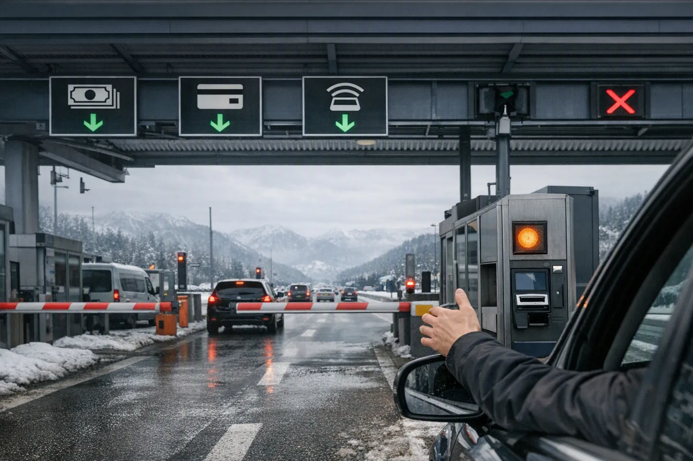 Betalingsstasjon på motorvei i Alpene med symboler for sedler, kort og brikke