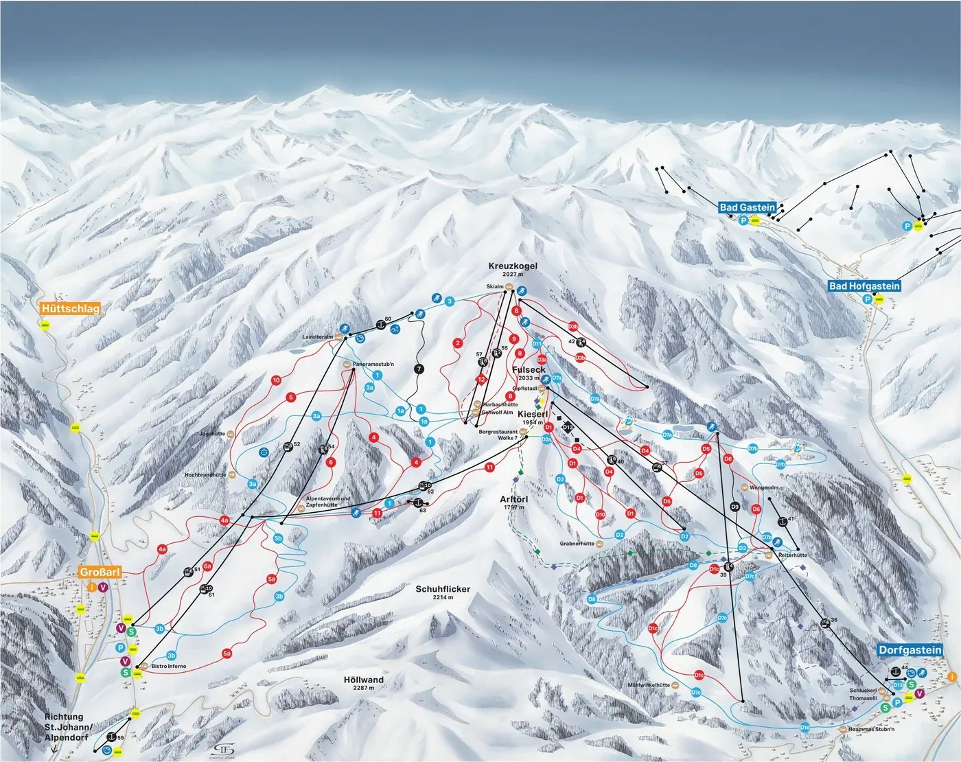 Løypekart over Dorfgastein, løyper, heiser og nedfarter
