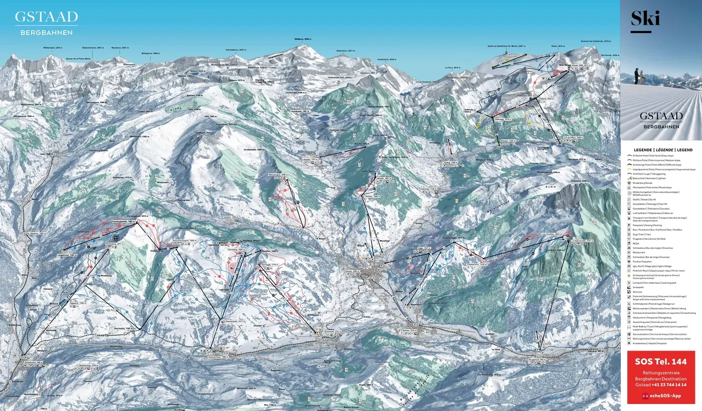 Løypekart over Gstaad, løyper, heiser og nedfarter