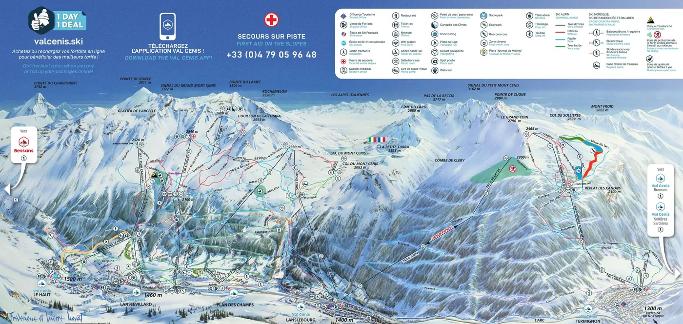 Løypekart over Val Cenis, løyper, heiser og nedfarter